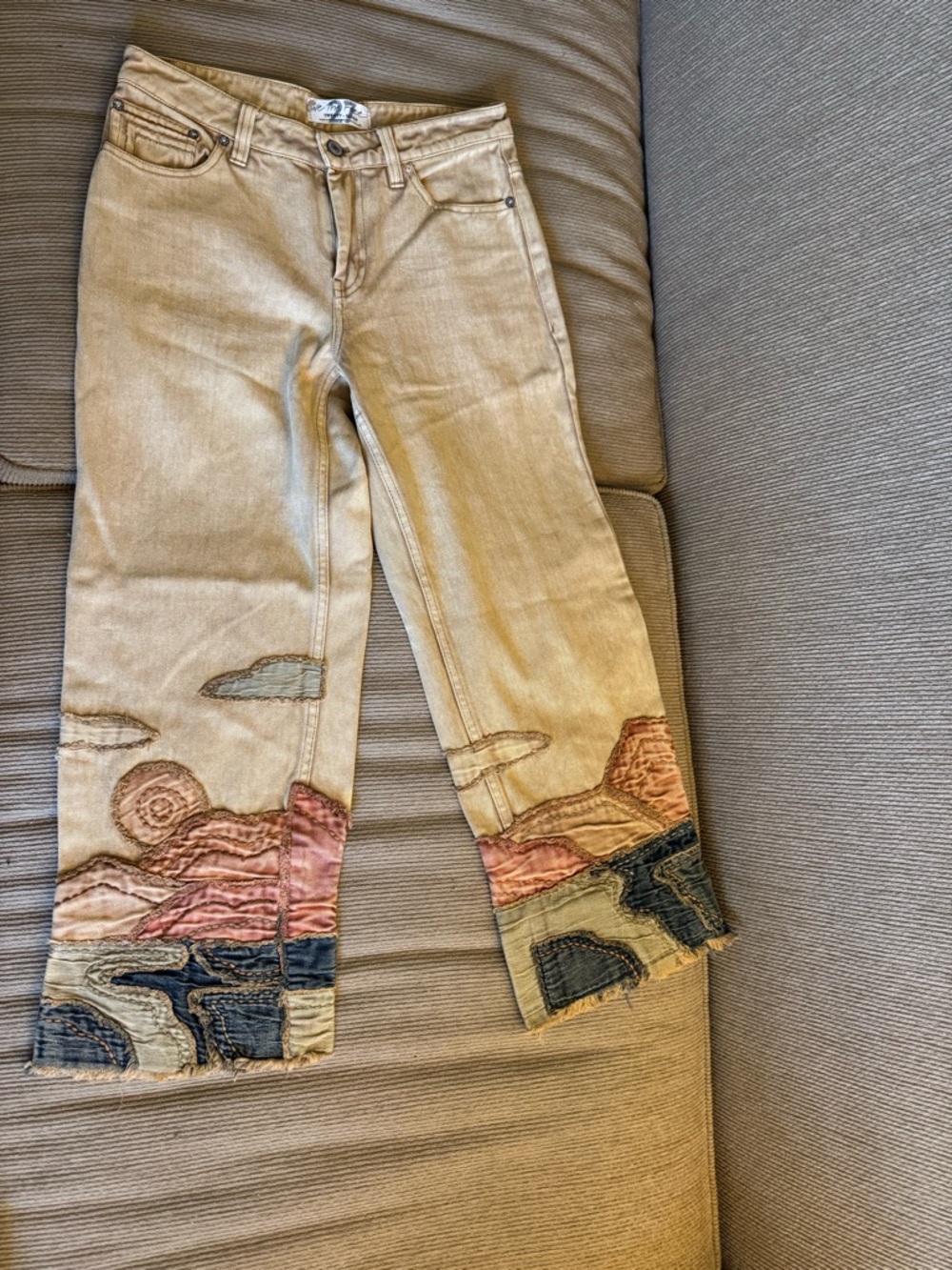 We The Free Women’s Beige Embroidered Crop Jeans with Multicolor Patchwork